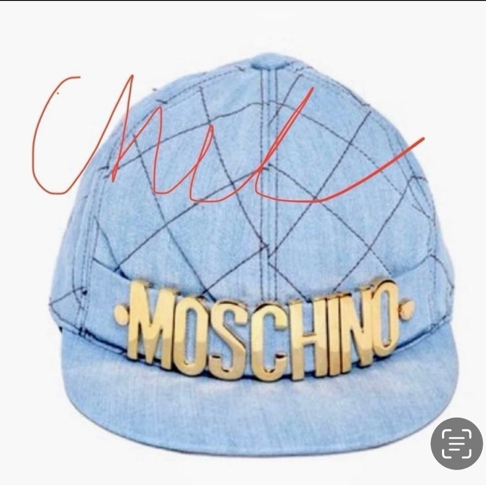 Moschino Light Blue Quilted Cap with Gold Lettering